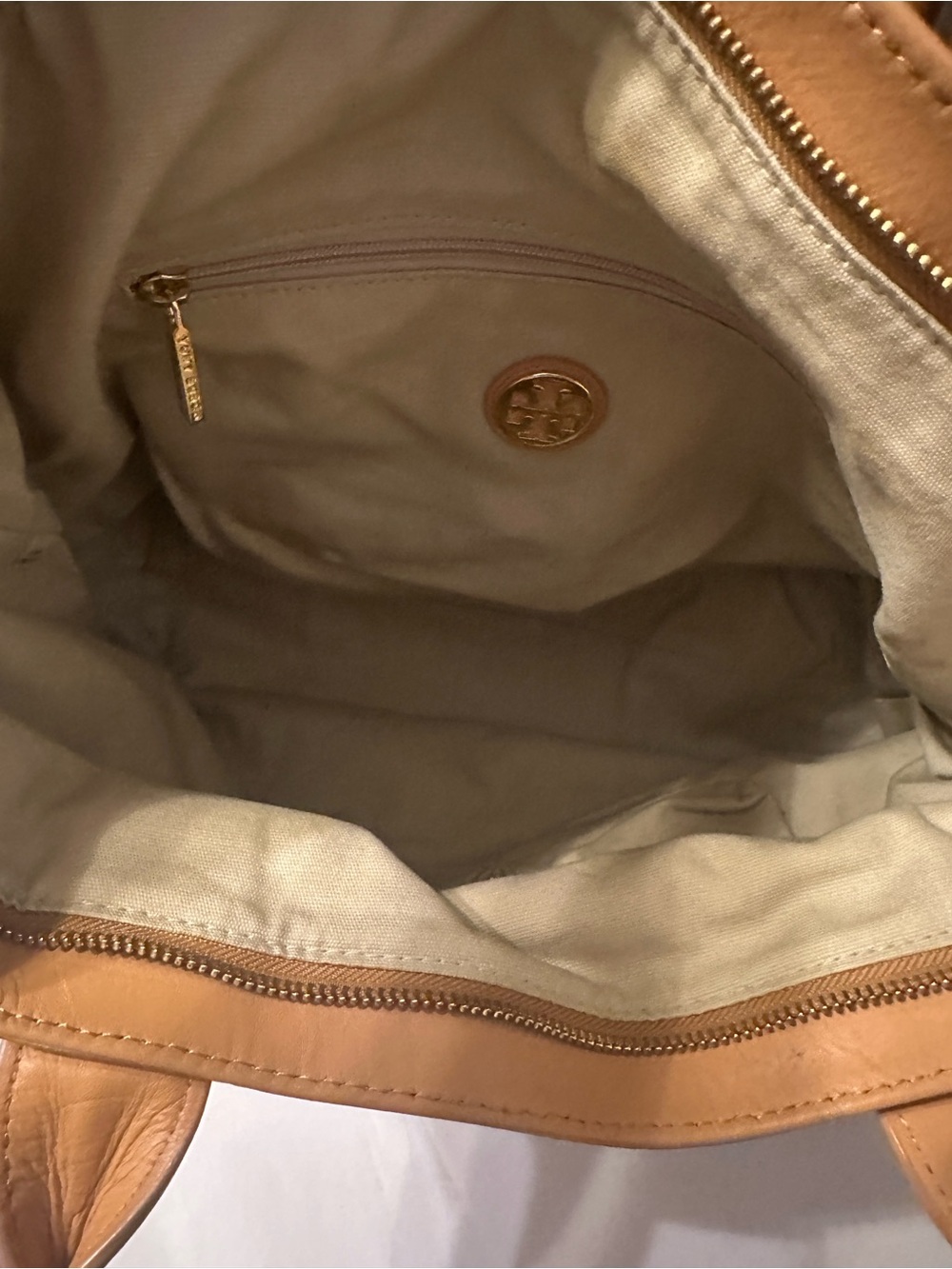 Tory Burch Teal and Cream Striped Canvas Small Sophia Tote with Tan Leather Trim - Picture 8 of 16
